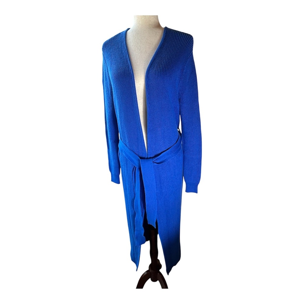 SER.O.YA Long Cardigan Women Size M Blue Ribbed Knit Belted Open Front Maxi